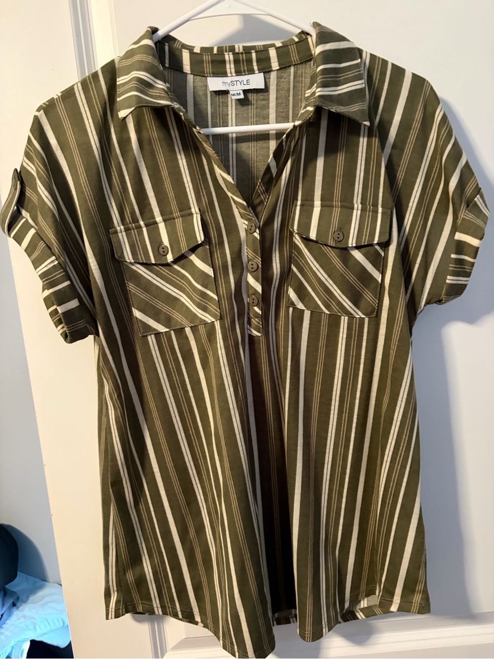 M·Style Olive Striped Button-Front Short Sleeve Top
